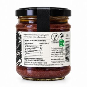 Etiqueta trasera del paté de aceitunas negras Mallafré con ingredientes, valores nutricionales y sello vegano