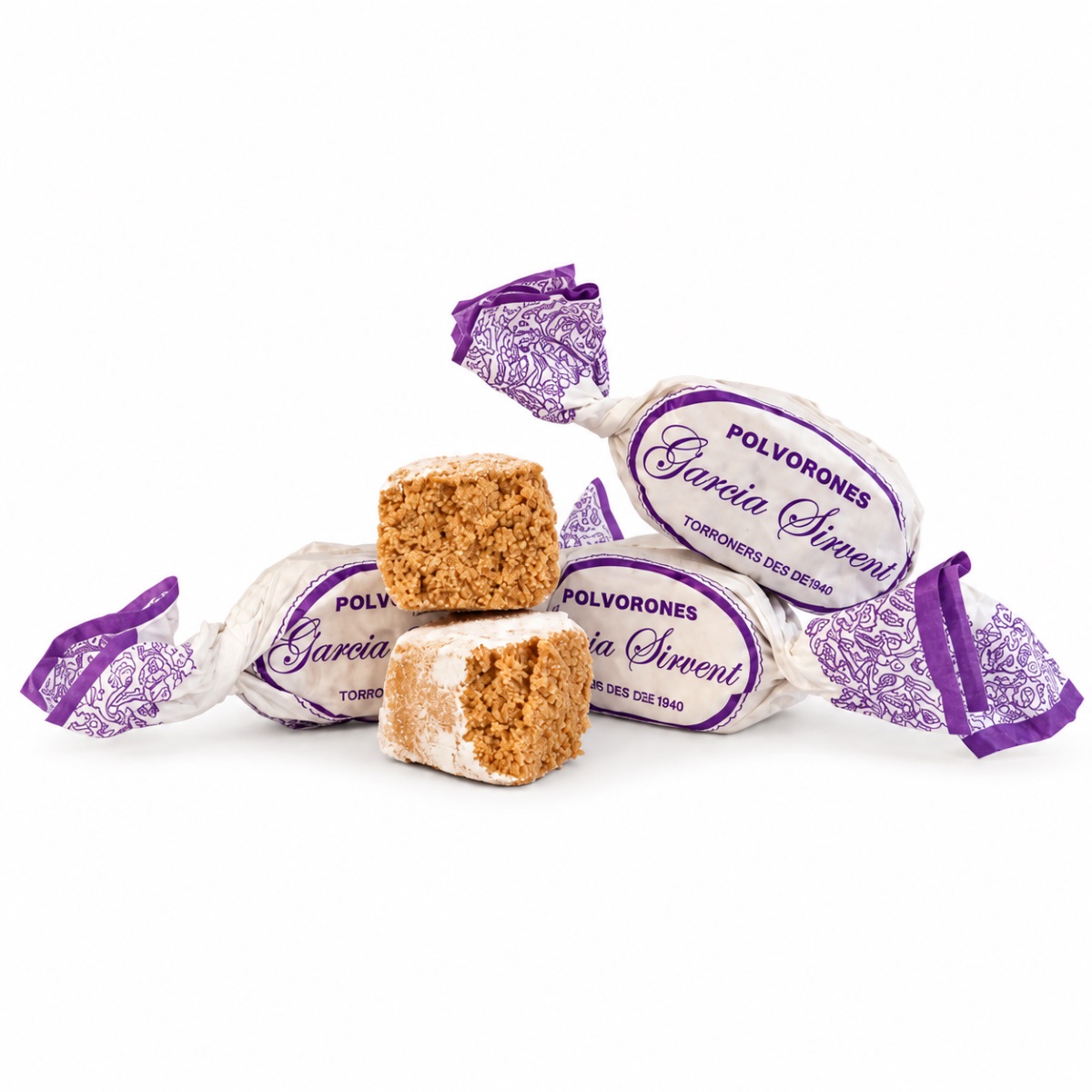 Polvorón Oro García Sirvent · 210 g · Detalle del Producto Polvorón Oro García Sirvent 210 g con unidades envueltas y polvorones cortados