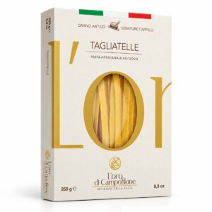 Tagliatelle di Campofilone de trigo Senatore Cappelli L’Oro di Campofilone 250 g en caja vista lateral